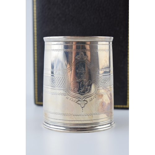 472 - Georgian silver tankard / christening cup, London 1800, 77.7 grams, 7cm tall, with inscription to ca... 