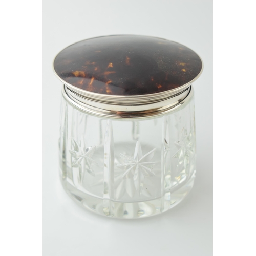 474 - Silver and tortoiseshell topped glass jar, Birmingham 1925, L&S, 8cm tall.