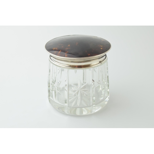 474 - Silver and tortoiseshell topped glass jar, Birmingham 1925, L&S, 8cm tall.