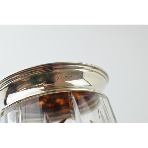 474 - Silver and tortoiseshell topped glass jar, Birmingham 1925, L&S, 8cm tall.