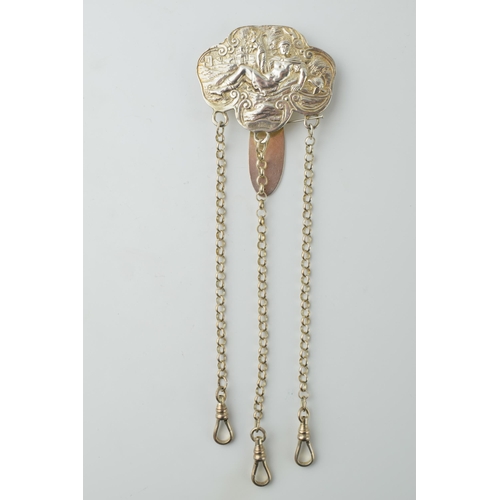 479 - Silver chatelaine with 3 chains and clasps, Dutch import, London 1891, 34.1 grams, 17cm long, with f... 