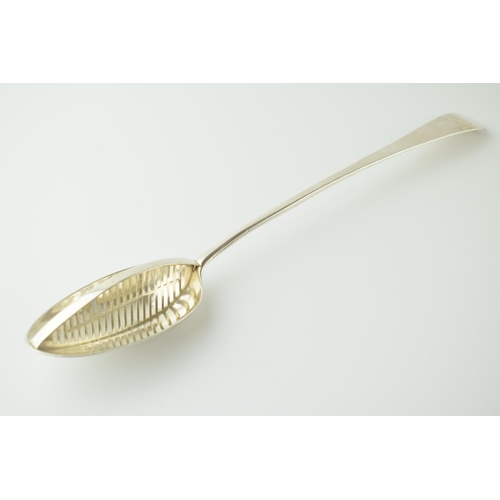 491 - 18th century silver straining spoon, London 1797, George Smith & Thomas Hayter, 95.5 grams, 29cm lon... 