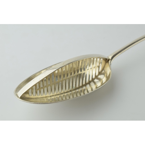 491 - 18th century silver straining spoon, London 1797, George Smith & Thomas Hayter, 95.5 grams, 29cm lon... 