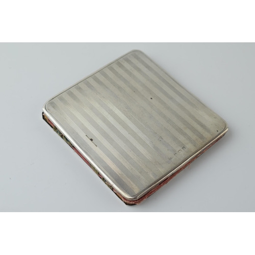 496 - Silver card case with striped decoration, Birmingham 1919, with velvet interior.