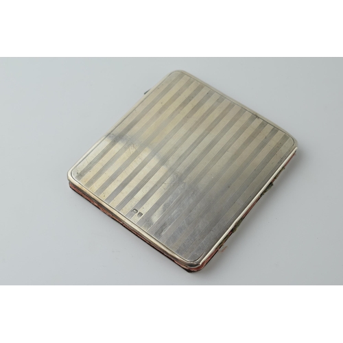 496 - Silver card case with striped decoration, Birmingham 1919, with velvet interior.