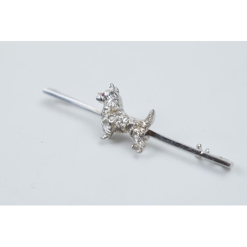 545 - 14ct white gold bar brooch with a terrier dog set with a ruby and diamonds, 3.9 grams, 5cm wide.