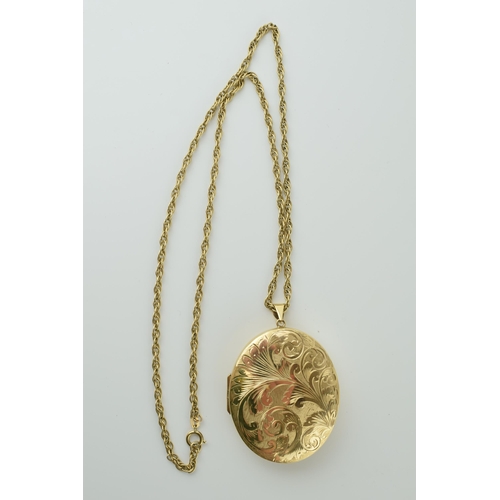 555 - 9ct gold large locket with engraved floral decoration on 9ct gold link necklace, 34.2 grams, with or... 