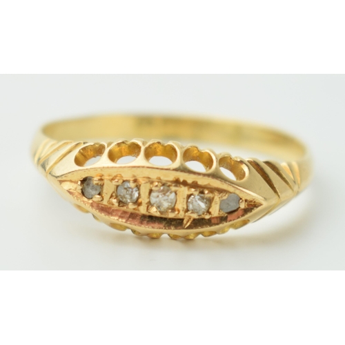 564 - 18ct gold diamond boat ring, set with 5 diamonds, 2.6 grams, size Q.