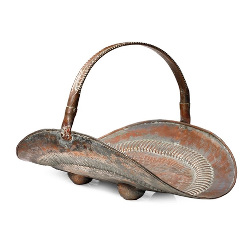 293 - Copper basket with decorative handle. Repoussé design with birds and stars sitting on four ball feet... 