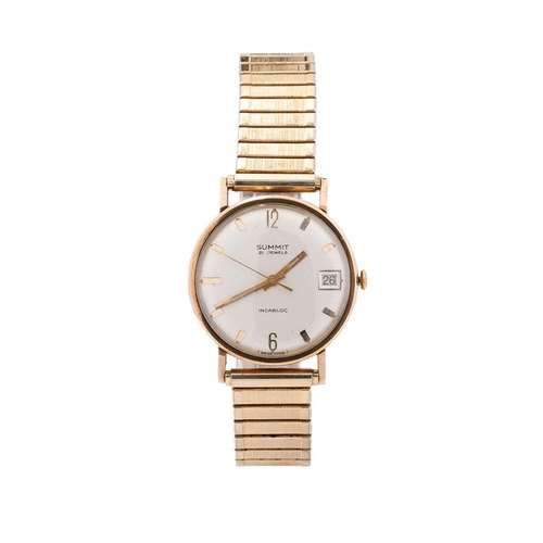 414 - Summit 21 Jewels 9ct gold cased gentlemans wristwatch on elastic plated strap, 34mm, back of case we... 