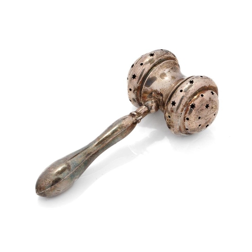 440 - Silver baby rattle in the form of an auctioneer's gavel, Birmingham 1919, 24.9 grams, 10.5cm long.