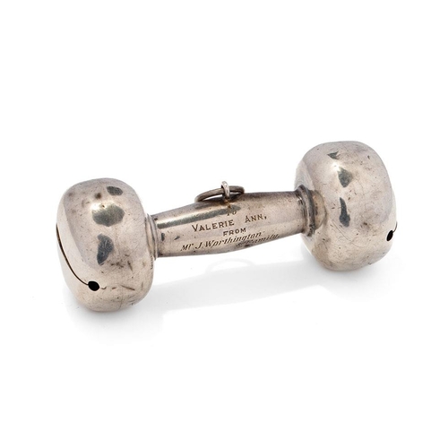 441 - Silver baby rattle in the form of a dumbbell, 28.2 grams, 8.5cm long.