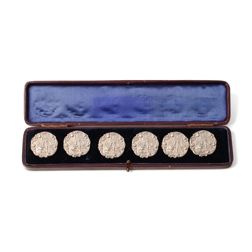 471 - Boxed set of 6 matching sterling silver buttons with a figural scene, stamped '925.