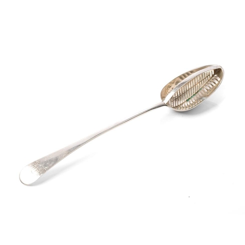 491 - 18th century silver straining spoon, London 1797, George Smith & Thomas Hayter, 95.5 grams, 29cm lon... 