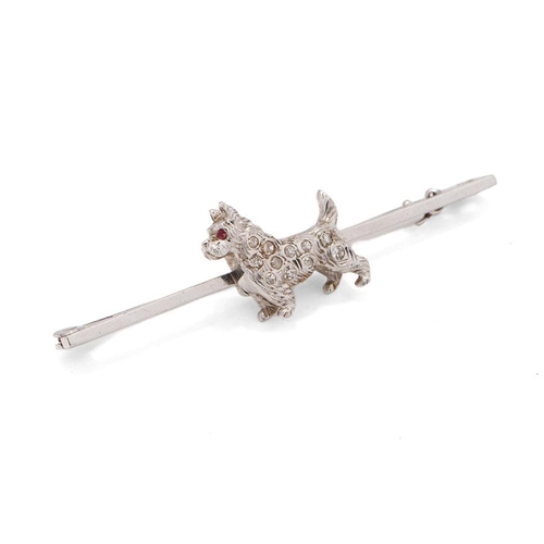 545 - 14ct white gold bar brooch with a terrier dog set with a ruby and diamonds, 3.9 grams, 5cm wide.