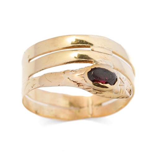 630 - Victorian French 18ct gold snake coil ring with garnet, 2.2 grams, size N / O.