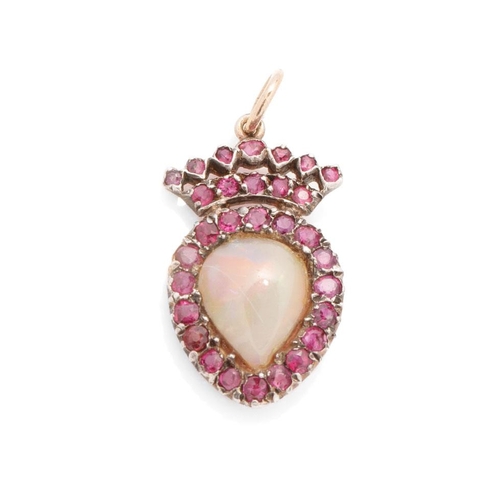 637 - Victorian pendant set with ruby and black pear cut opal, 9ct gold and silver, 25mm tall, 1.7 grams.