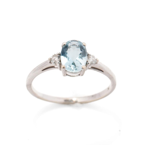 645 - 9ct white gold ring set with aqua marine and diamonds, 2.1 grams, size R.