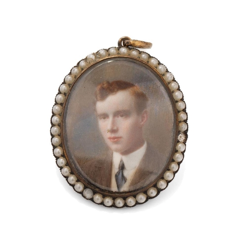 659 - Miniature portrait of a young gentleman in period frame surrounded by imitation pearls, 4.5cm tall.