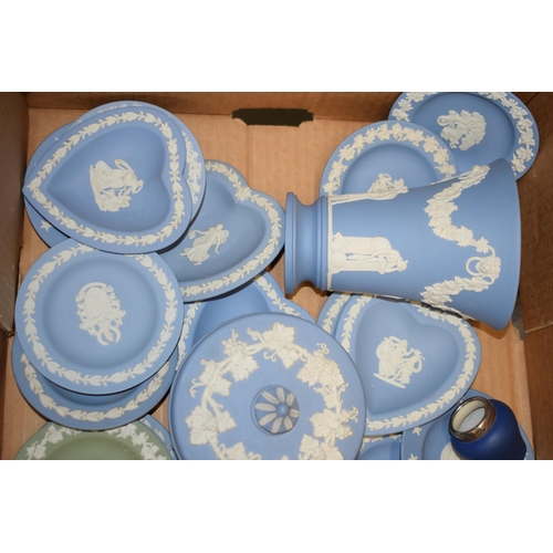 160 - Wedgwood Jasperware to include Blue, Green and dip blue to include a jug, plates, pin dishes and oth... 