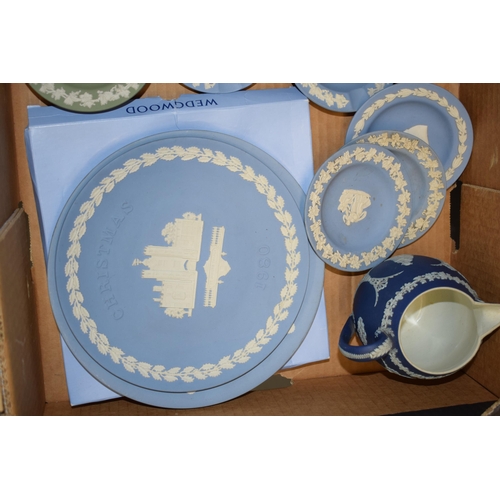 160 - Wedgwood Jasperware to include Blue, Green and dip blue to include a jug, plates, pin dishes and oth... 