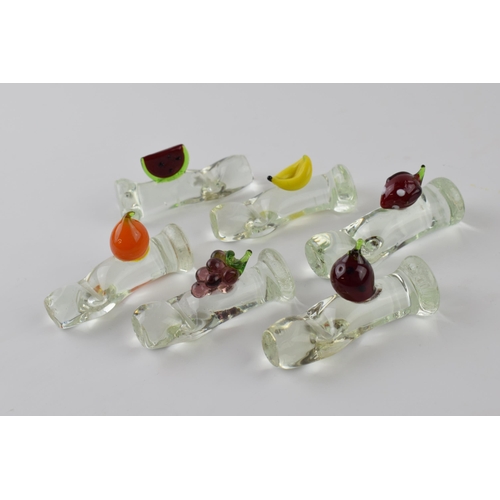 208 - A set of 6 vintage glass knife rests with fruit finials, possibly French, 7.5cm long (6).