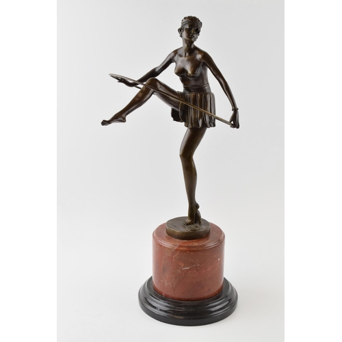 294 - Art Deco style figure in the form of a topless lady dancing with a hoop, signed 'D. Alonzo' on marbl... 