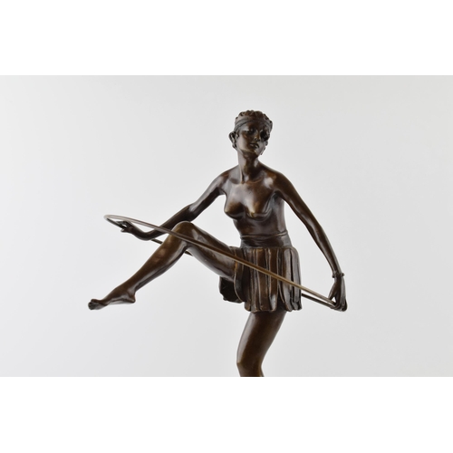 294 - Art Deco style figure in the form of a topless lady dancing with a hoop, signed 'D. Alonzo' on marbl... 