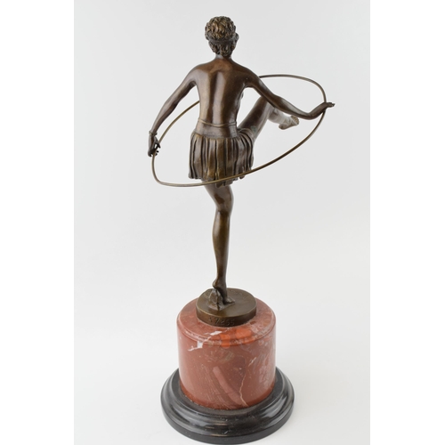 294 - Art Deco style figure in the form of a topless lady dancing with a hoop, signed 'D. Alonzo' on marbl... 