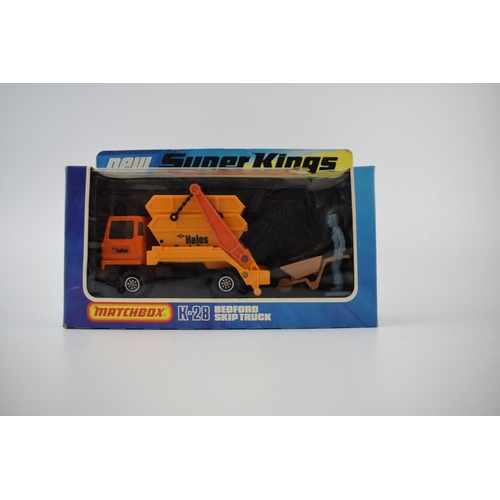 298 - Boxed Matchbox Super Kings K-25 Digger & Plough, K-28 Bedford Skip Truck, and K-29 Ford Delivery Van... 