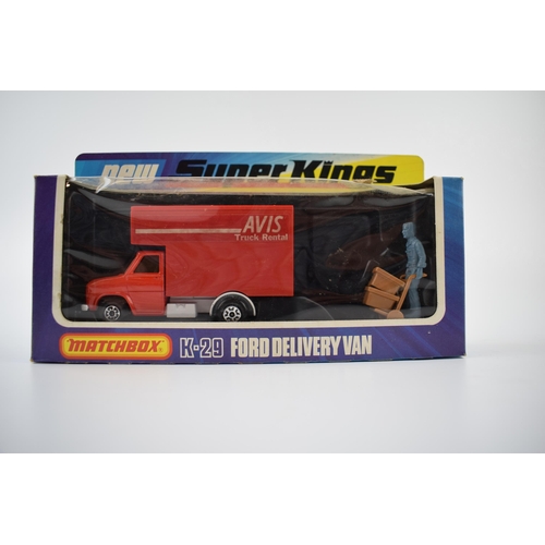 298 - Boxed Matchbox Super Kings K-25 Digger & Plough, K-28 Bedford Skip Truck, and K-29 Ford Delivery Van... 