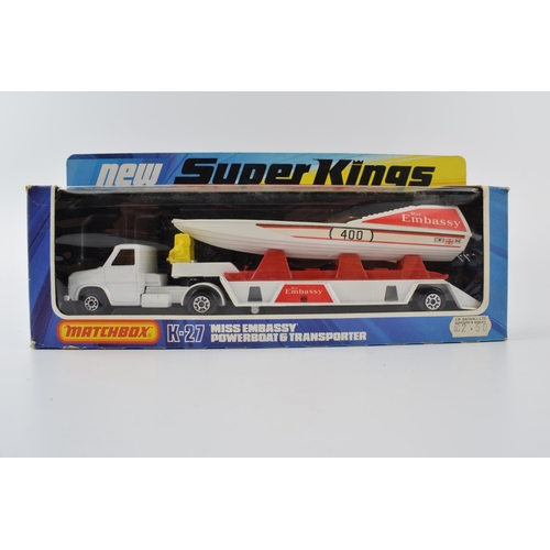 299 - Boxed Matchbox Super Kings K-27 'Miss Embassy' Powerboat and Transporter, K-30 Unimog and Compressor... 