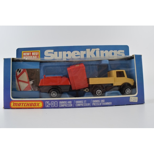 299 - Boxed Matchbox Super Kings K-27 'Miss Embassy' Powerboat and Transporter, K-30 Unimog and Compressor... 