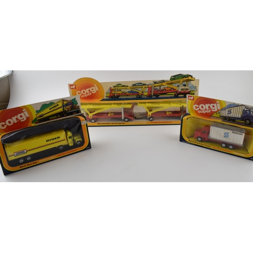 334 - Corgi die-cast vehicles to include, 2015 Mercedes-Benz Car Transporter, 2018 Corgi Super Scania Cont... 