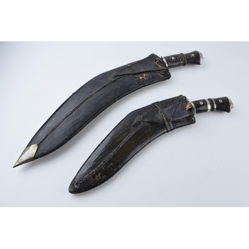 381 - 20th century Gurkha style Kukri knife in black leather scabbard together with smaller example (2),  ... 