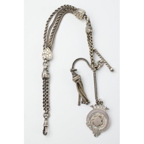 438 - Edwardian silver Albertina watch chain with silver fob, tassel and heart shaped separators, 31.1 gra... 