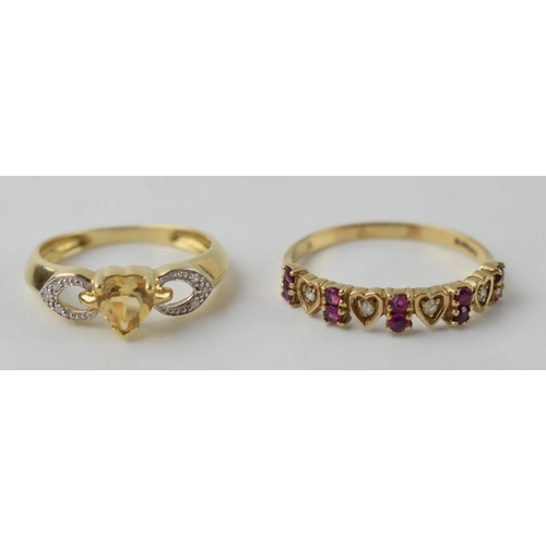 590 - A 9ct gold heart ring, size M, with a similar diamond and ruby heart ring, size R, combined 3.4 gram... 