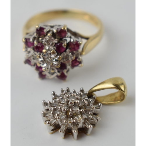 591 - 9ct gold ruby and diamond ring, size L, with a floral pendant (2), 5.9 grams combined.