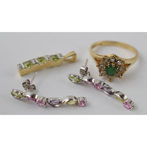 597 - A pair of 9ct gold earrings with multi-coloured gemstones, with a a pendant and a floral style ring,... 