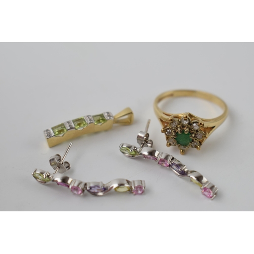 597 - A pair of 9ct gold earrings with multi-coloured gemstones, with a a pendant and a floral style ring,... 