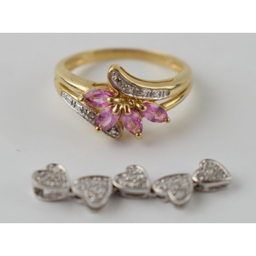 603 - 9ct gold floral leaf ring, size N, with a diamond set heart shaped pendant, combined 3.1 grams (2).