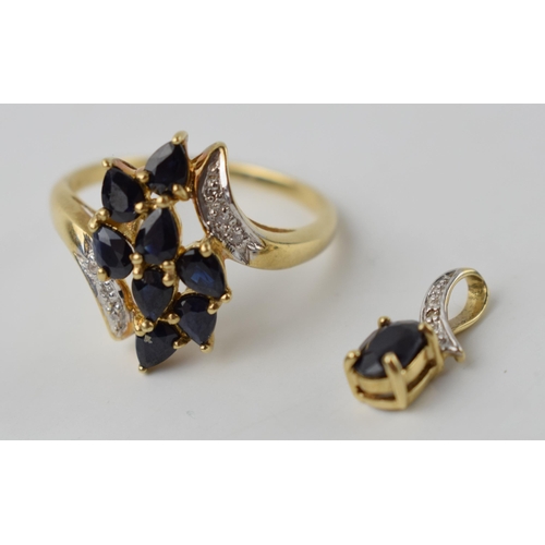 609 - 9ct gold ring set with illusion set diamonds and synthetic sapphires, size S, with a matching pendan... 