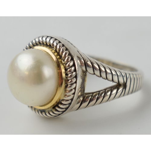 616 - Silver and 14ct gold ring set with a large pearl, with textured band, size O/P, total weight 7 grams... 