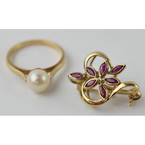 617 - 9ct gold pearl ring, size L, with a stone set floral brooch (2), combined 3.5 grams.