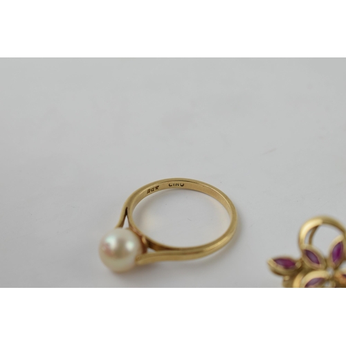 617 - 9ct gold pearl ring, size L, with a stone set floral brooch (2), combined 3.5 grams.