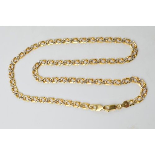 620 - 9ct gold necklace with two tone decoration, 46cm long, 14.3 grams.