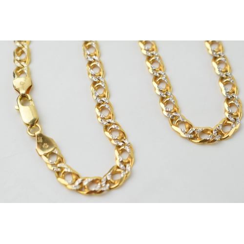 620 - 9ct gold necklace with two tone decoration, 46cm long, 14.3 grams.