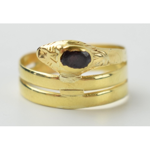 630 - Victorian French 18ct gold snake coil ring with garnet, 2.2 grams, size N / O.