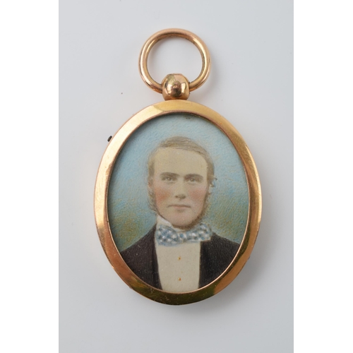 642 - Rolled gold cased handpainted miniature of a gentleman wearing a bow tie, 5.5cm tall.