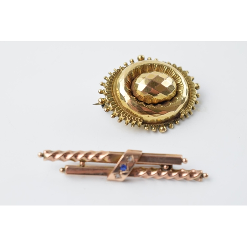 650 - Victorian 10ct gold brooch with locket to reverse with a 9ct gold bar brooch set with a blue paste a... 